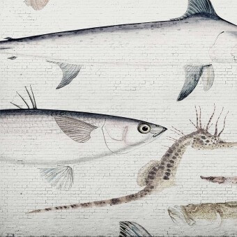 Papeles pintados panorámico White Brick Wall & Fish