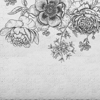 Papeles pintados panorámico Black Flower Brick Wall