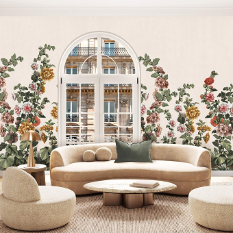 Papel pintado panorámico Rosas Malvas Marfil